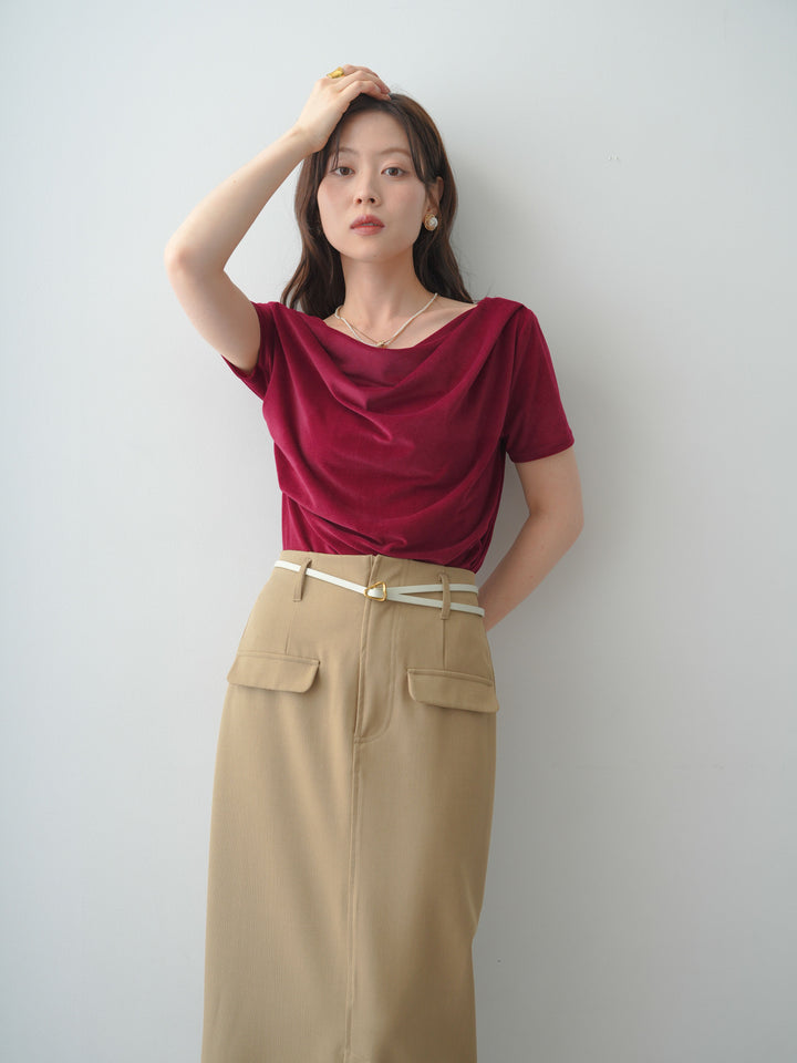 [SET]アシメネックシアーベロアトップス+クレープデシンフラップ付きストレートスカート(2set)