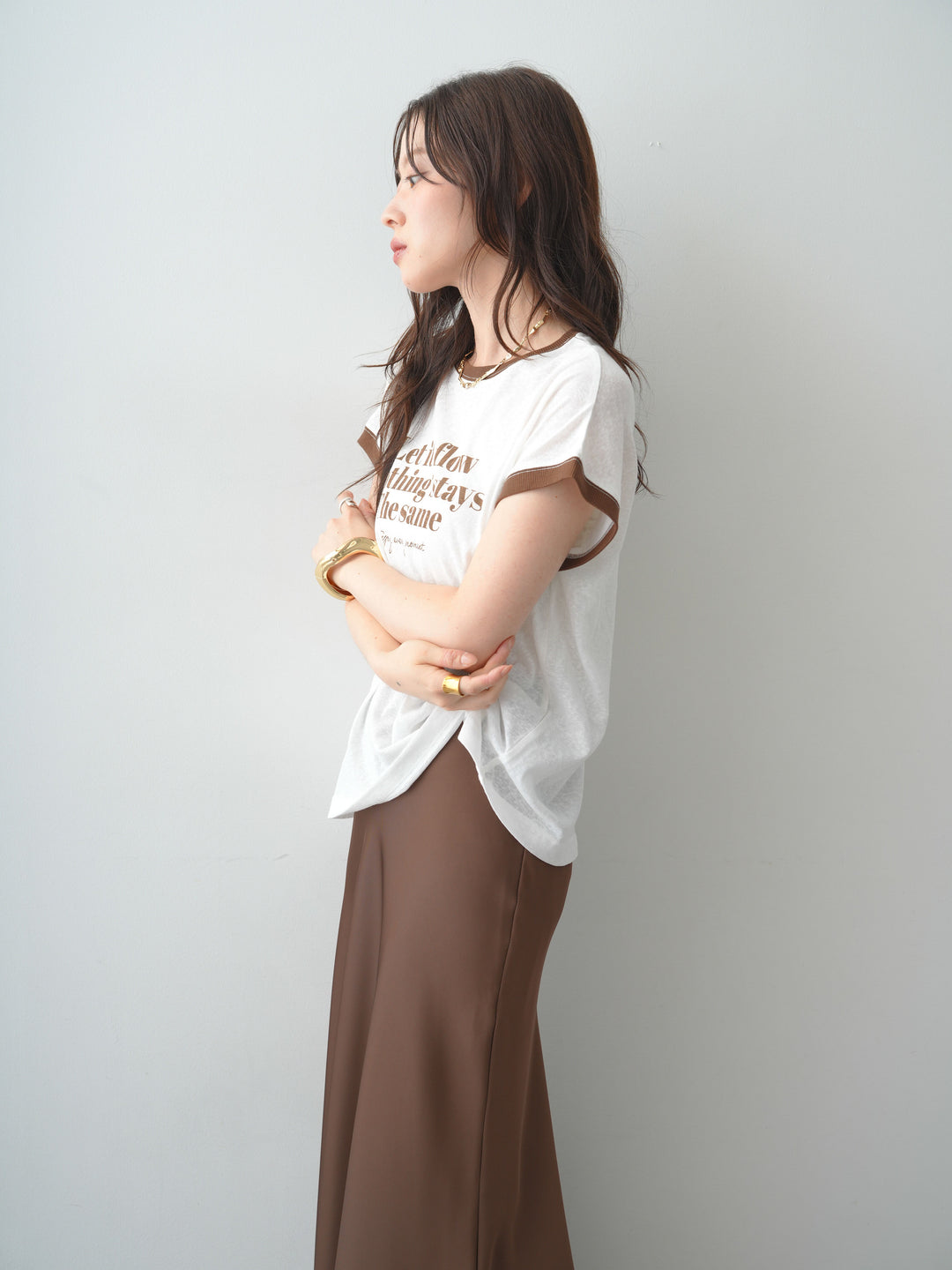 [SET]シアースラブバイカラーフレンチTEE+レースヘムサテンIラインスカート(2set)