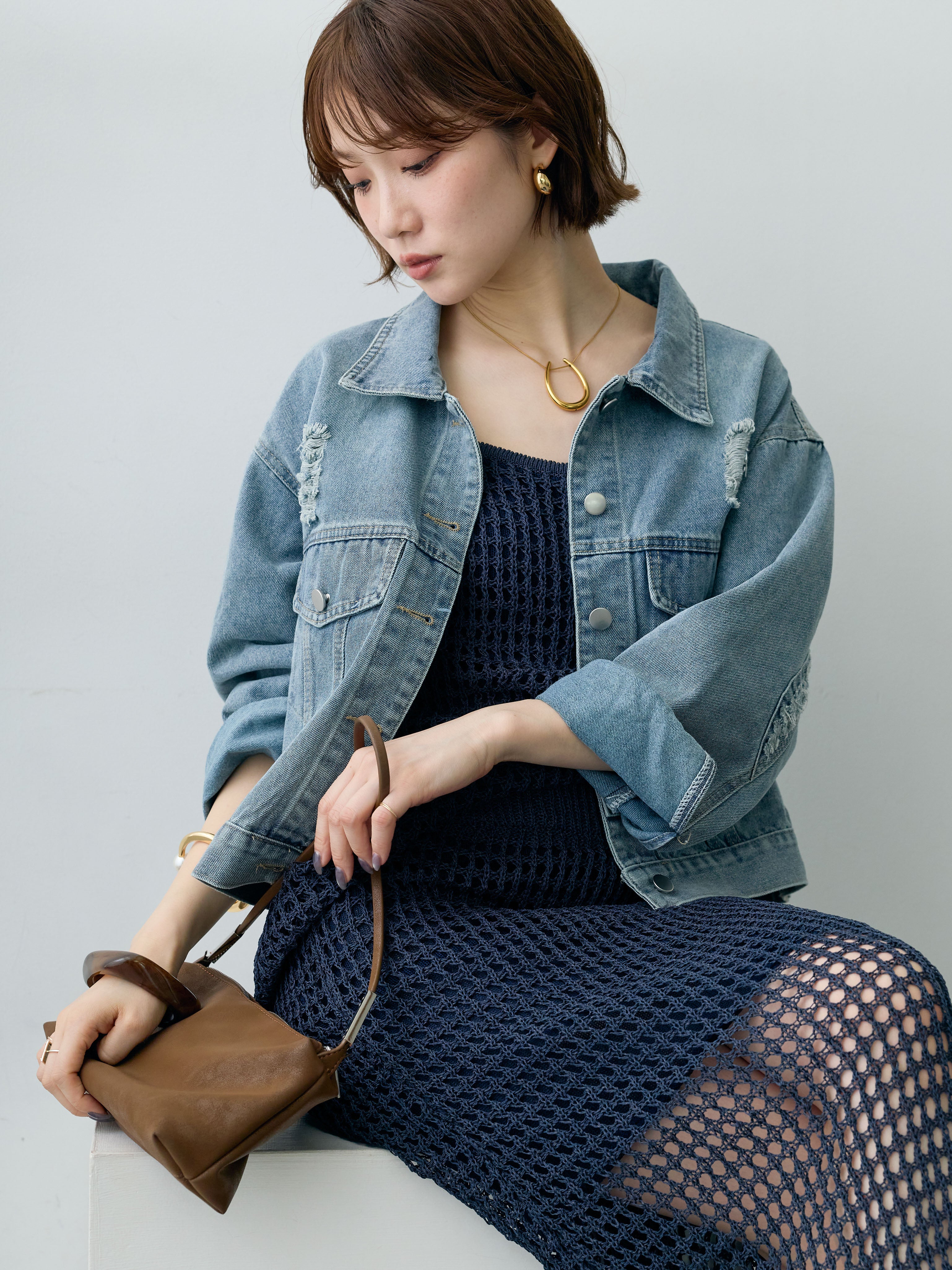 SET]メッシュクロシェニットキャミ＆メッシュIラインスカートSET UP