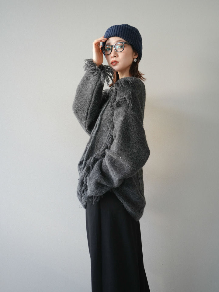[予約]レースアップフリンジニットプルオーバー/gray