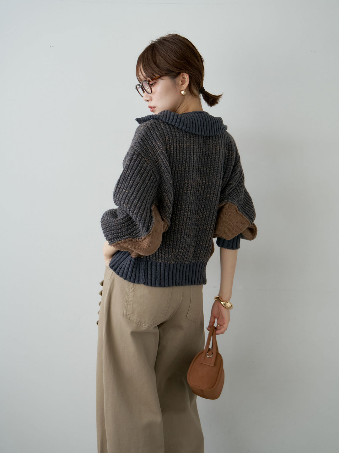 [予約]バイカラーハーフジップリブニットトップス/navy