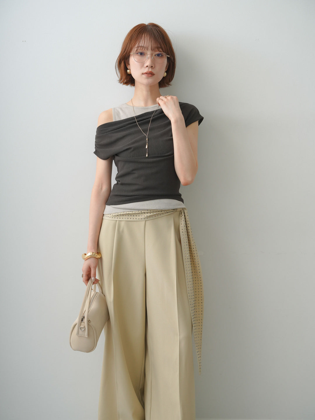 [予約]レイヤードドッキングシアーニットトップス/brown
