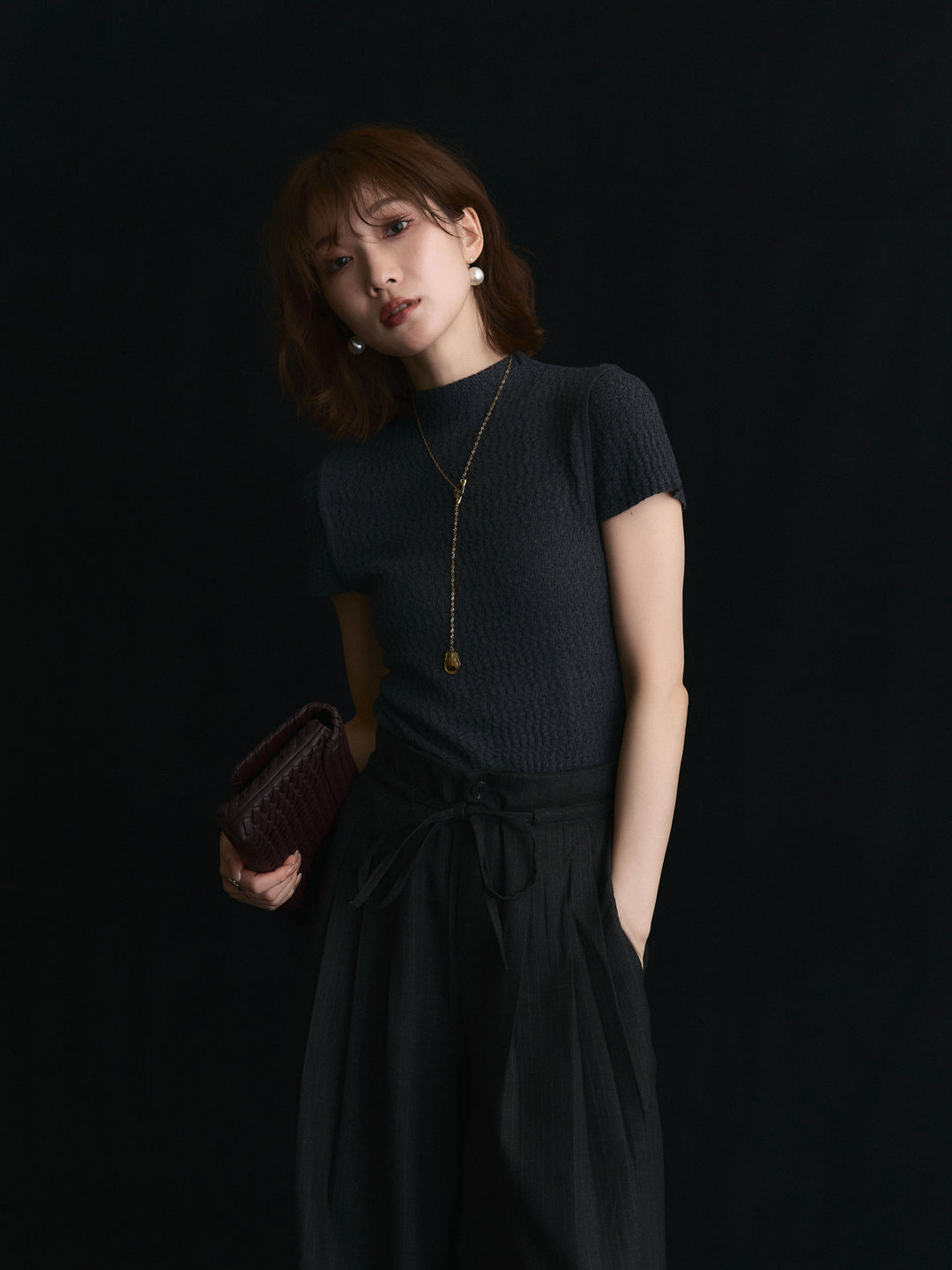 【Allure】[SET]デザインリブハーフニットトップス+ウールライクストライプワイドパンツ(2set)