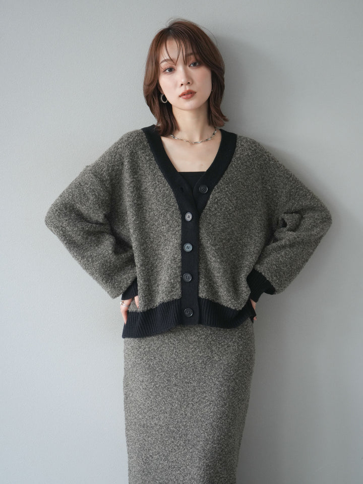 [SET]ブークレバイカラーニットカーディガン+ブークレバイカラータイトニットスカート(2set)