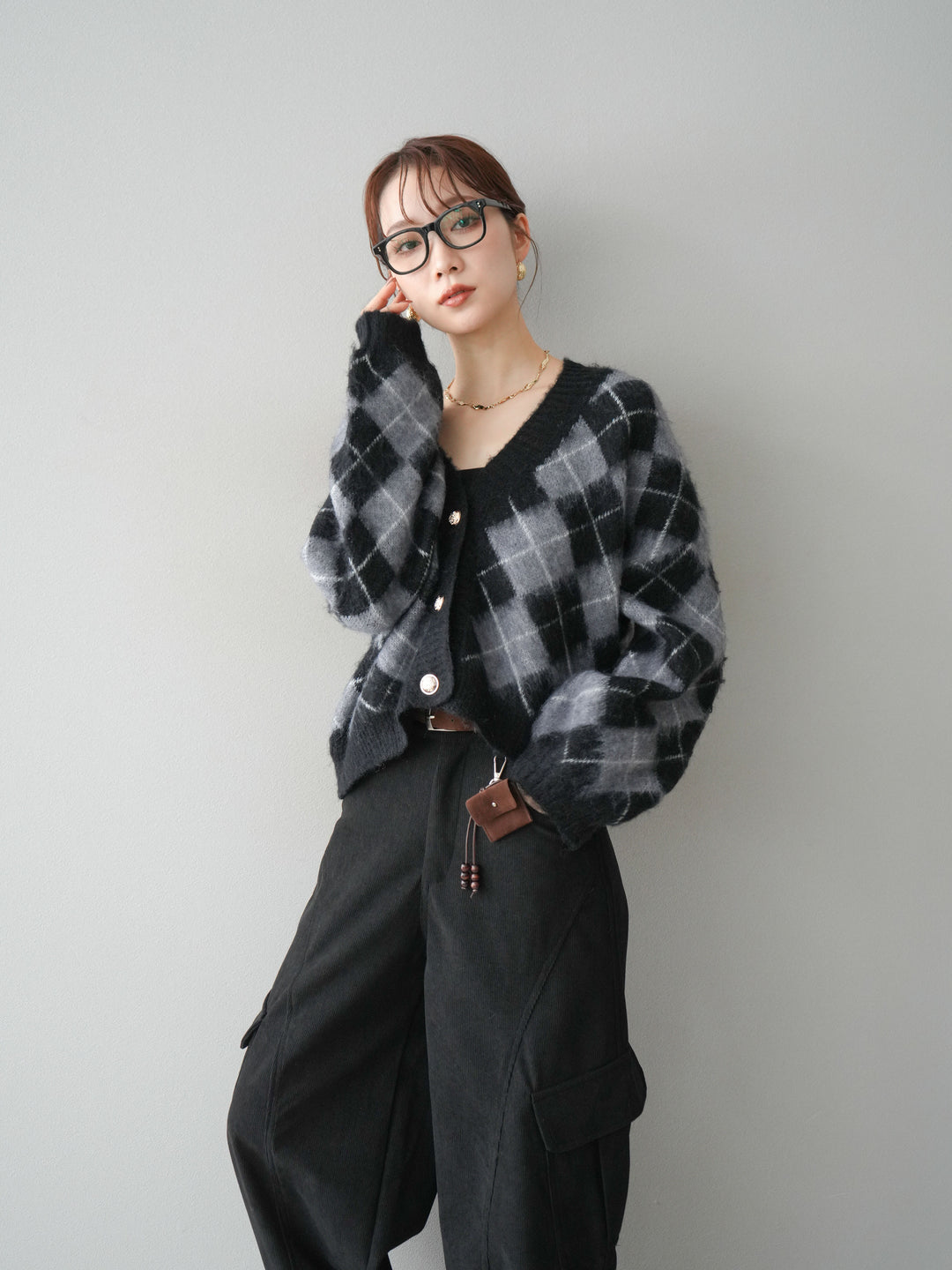 [予約]アーガイルシャギーニットカーディガン/gray