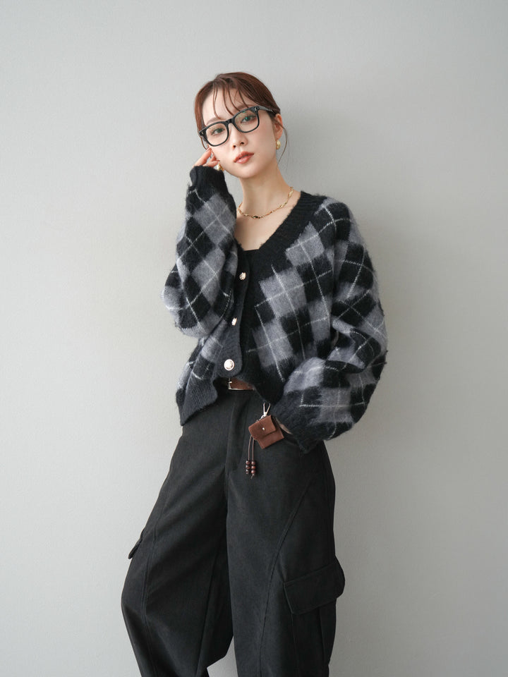 [予約]アーガイルシャギーニットカーディガン/gray