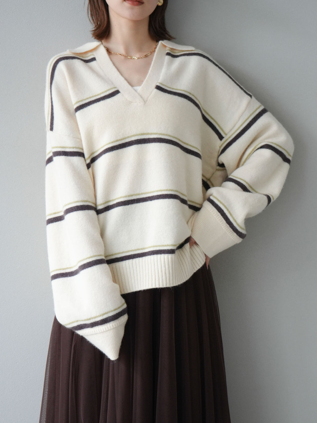 [SET]ポロ襟スキッパーボーダーニットプルオーバー+チュールボリュームスカート(2set)