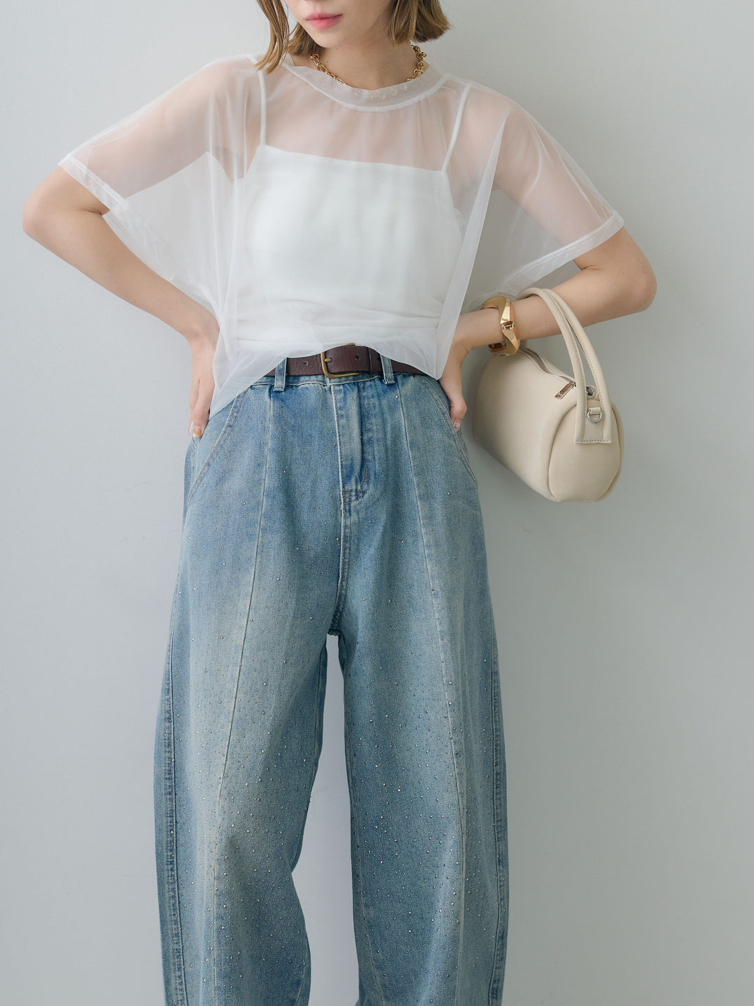 [SET]インナーキャミ付シアーオーバーTEE+フロントビジューカーブデニムパンツ(2set)