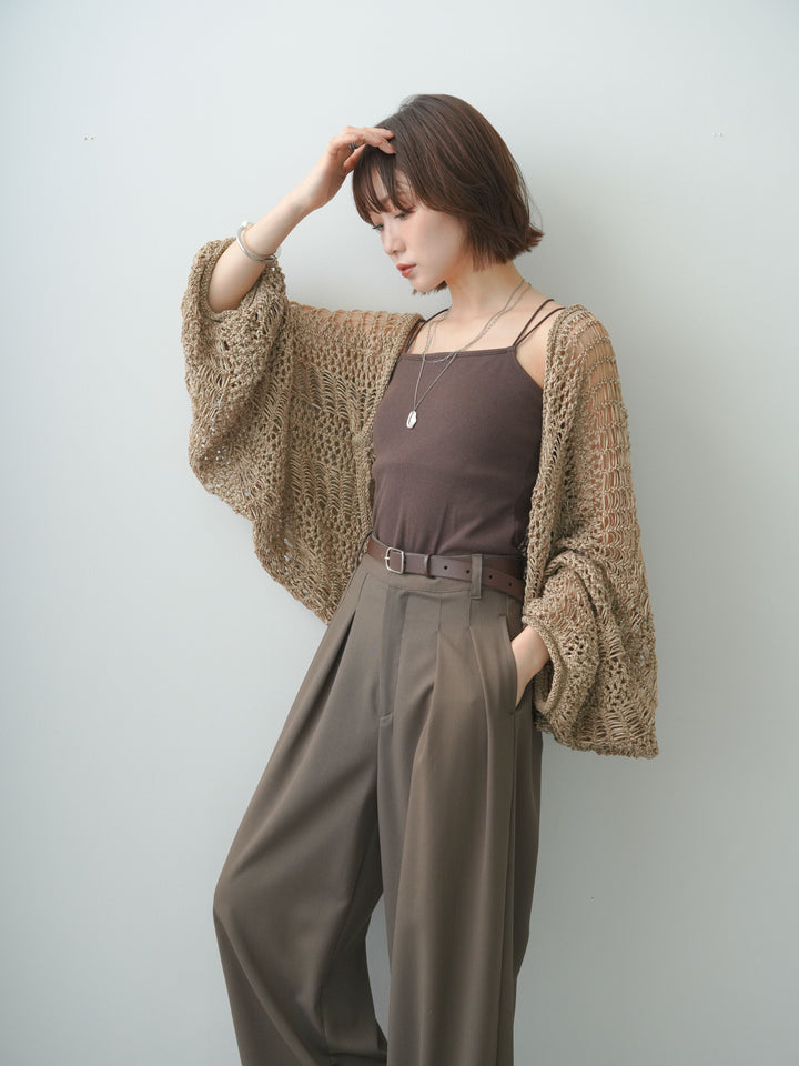 [SET]ミックスメッシュニットボレロ+カップ付きバッククロスキャミソール+クレープデシンタックワイドパンツ(3set)