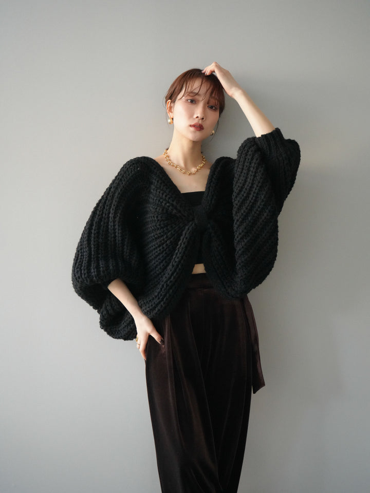 [予約]ローゲージ畦編みドルマンニットボレロ/black
