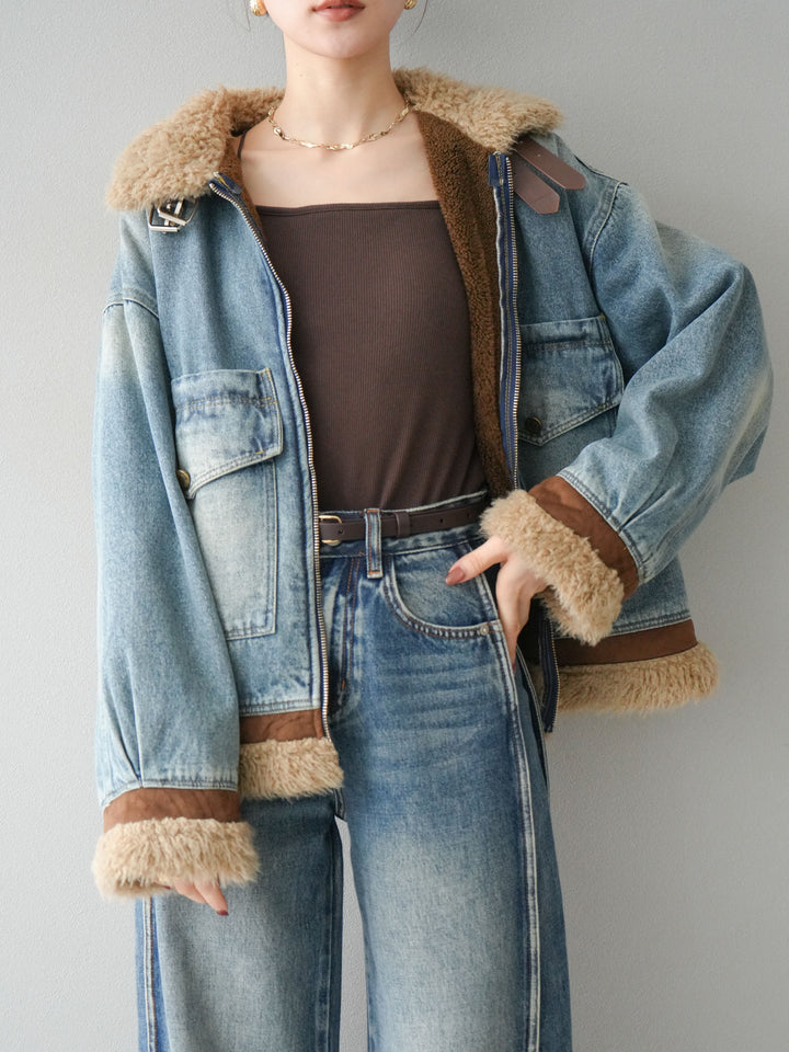 [予約]スタンドカラーファー×デニムジャケット/lightblue