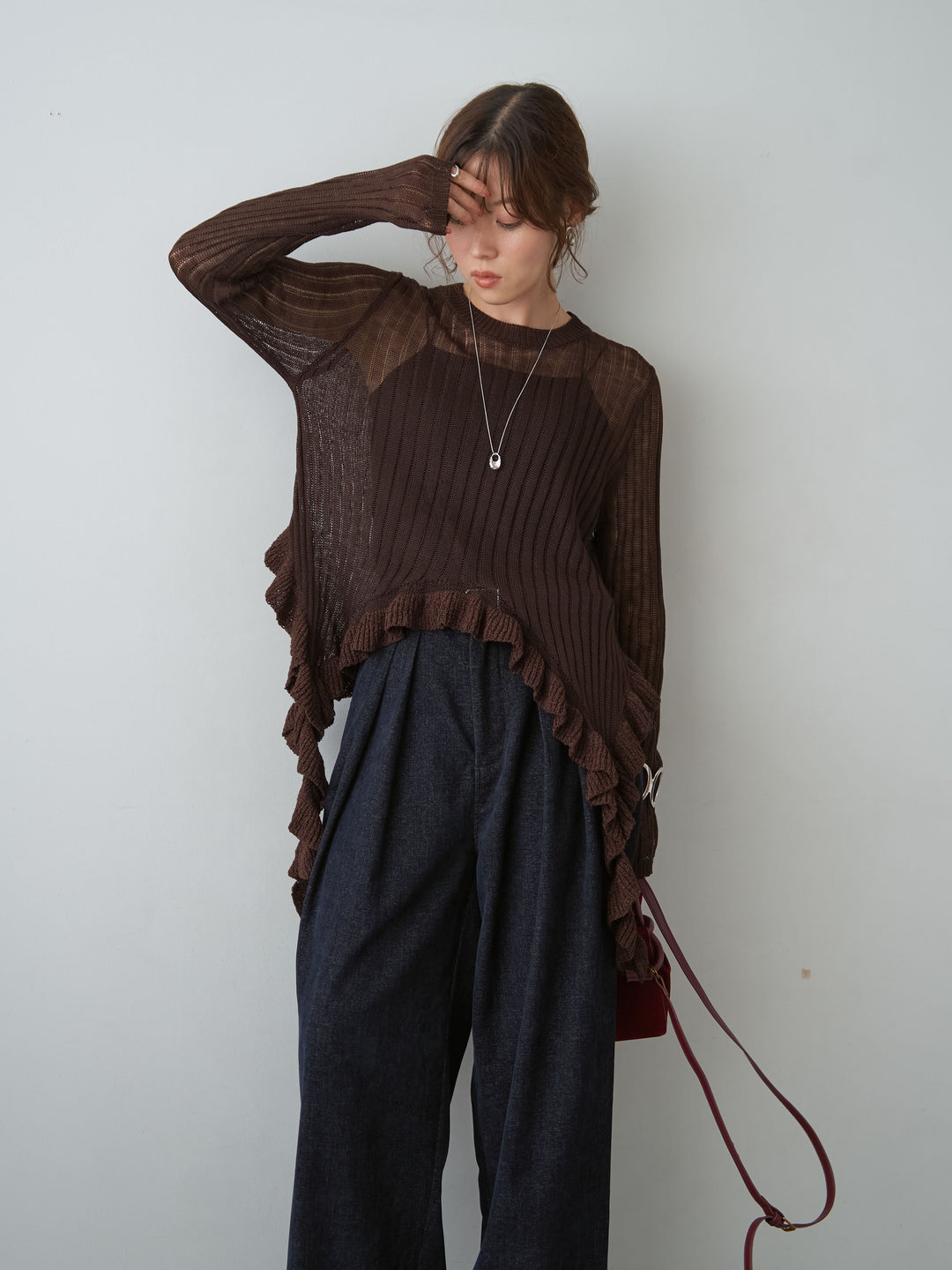 [予約]ヘムフリル透かし編みニットトップス/brown