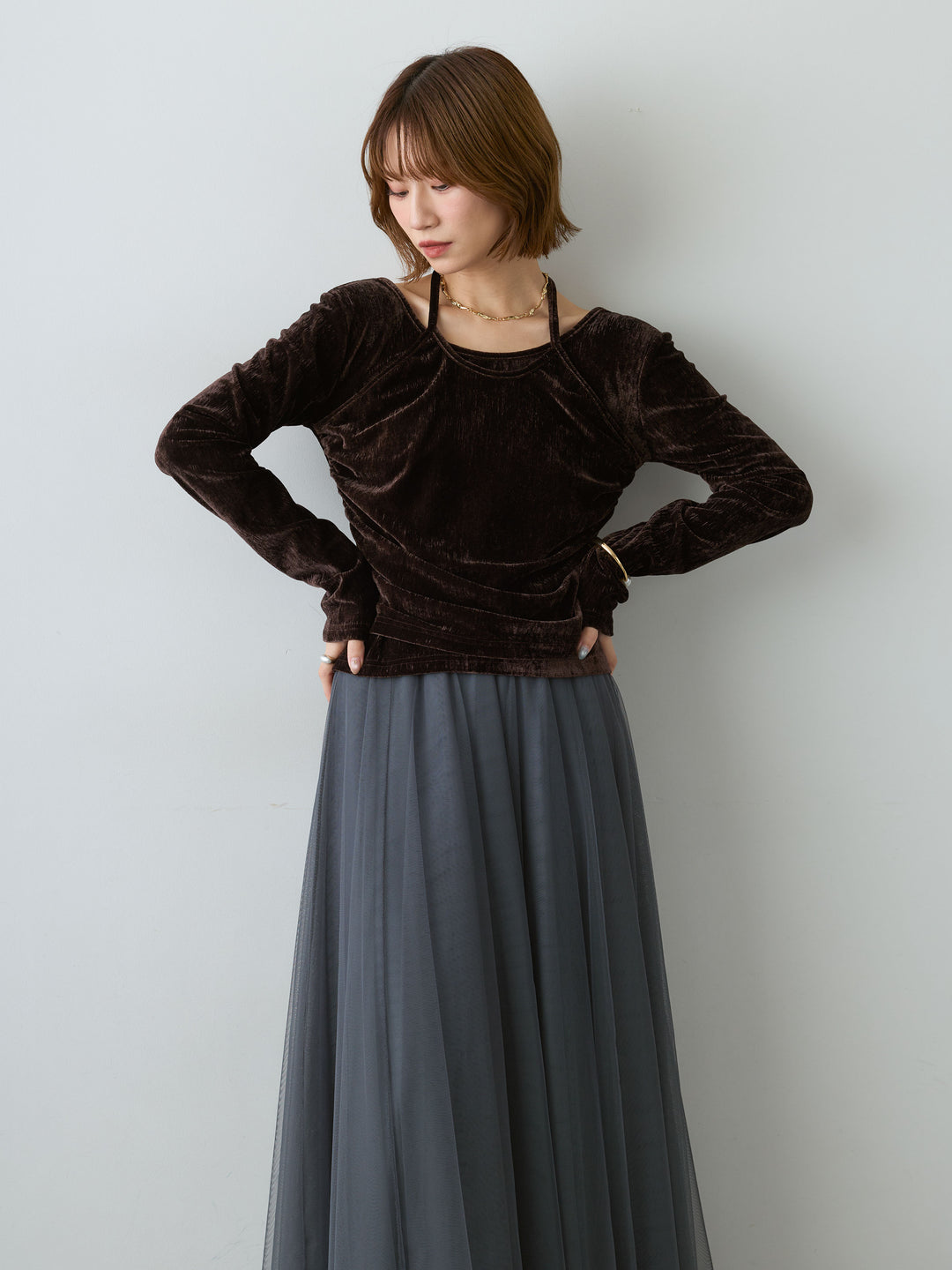 [予約]ベロアレイヤードデザイントップス/brown