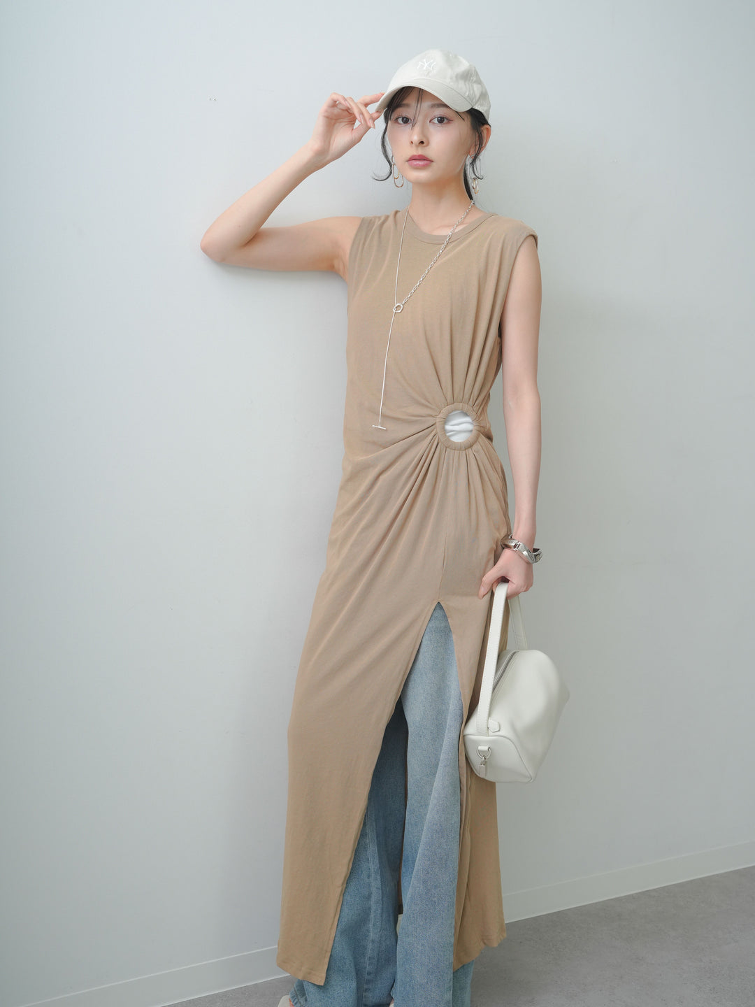 [予約]リングギャザースリットワンピース/brown