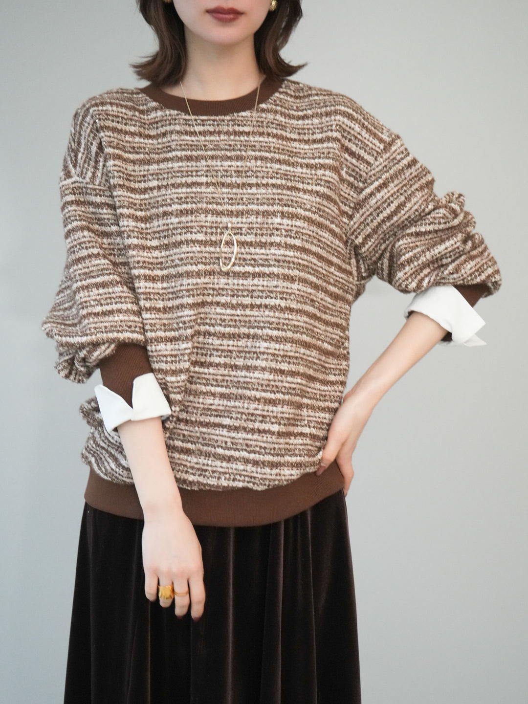 [予約]MIXツイードライクカフスドッキングプルオーバー/brown