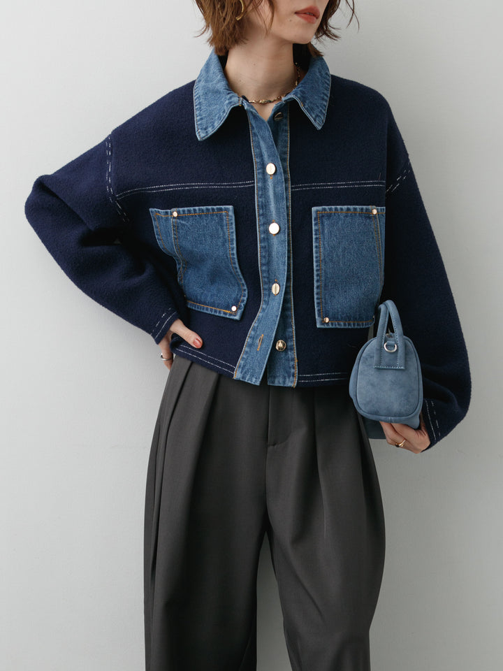 [予約]デニムコンビスムースニットジャケット/navy