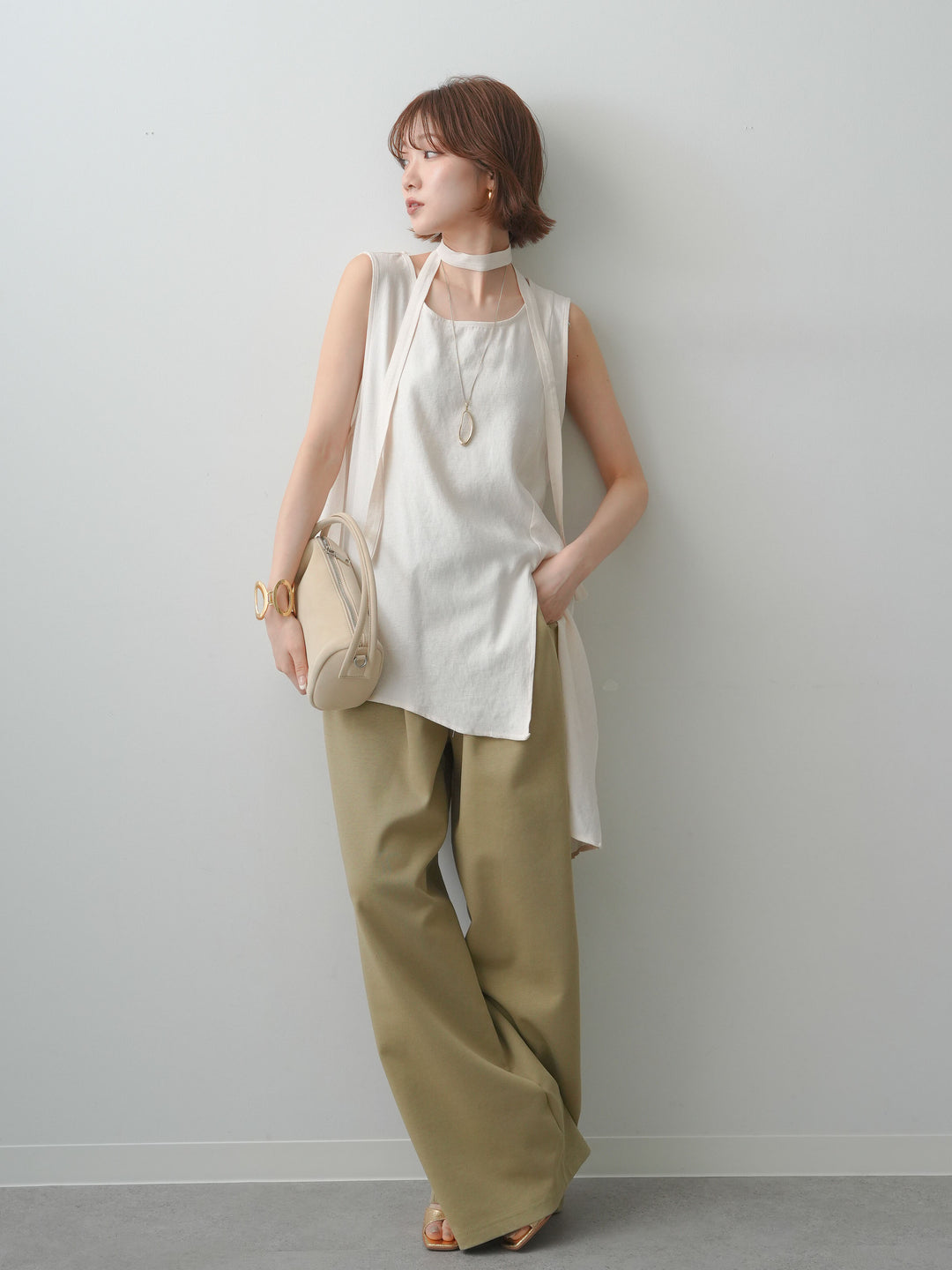 [SET]タイ付アシメヘムノースリトップス+リラックスドレープスウェットパンツ(2set)
