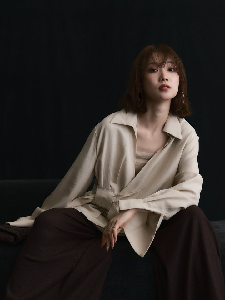 【Allure】[SET]ドレープデザインシャツ+ウールライクストライプワイドパンツ(2set)