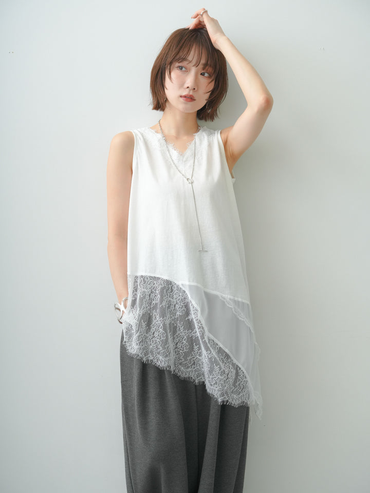 [予約]ヘムアシメレースドッキングノースリトップス/white