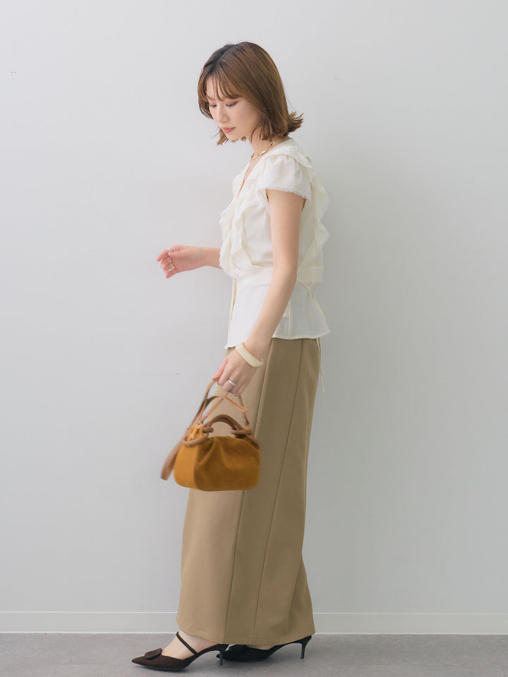 [SET]フリルレースデザインフレンチブラウス+クレープデシンフラップ付きストレートスカート(2set)