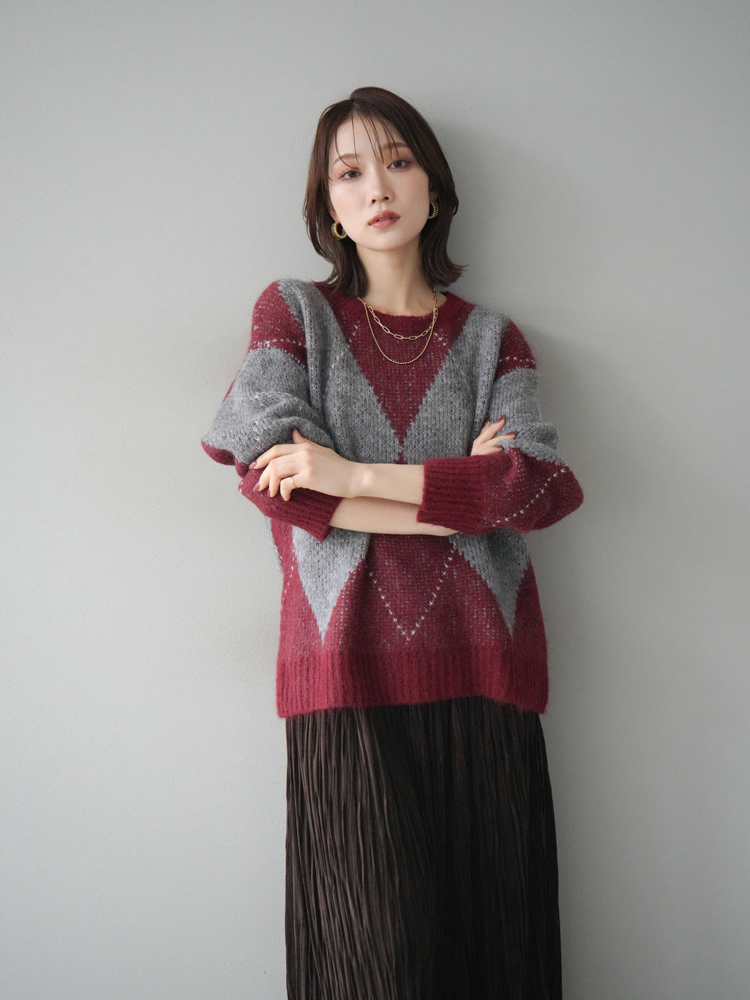 [SET]アーガイルオーバーニットプルオーバー+スエードワッシャープリーツスカート(2set)