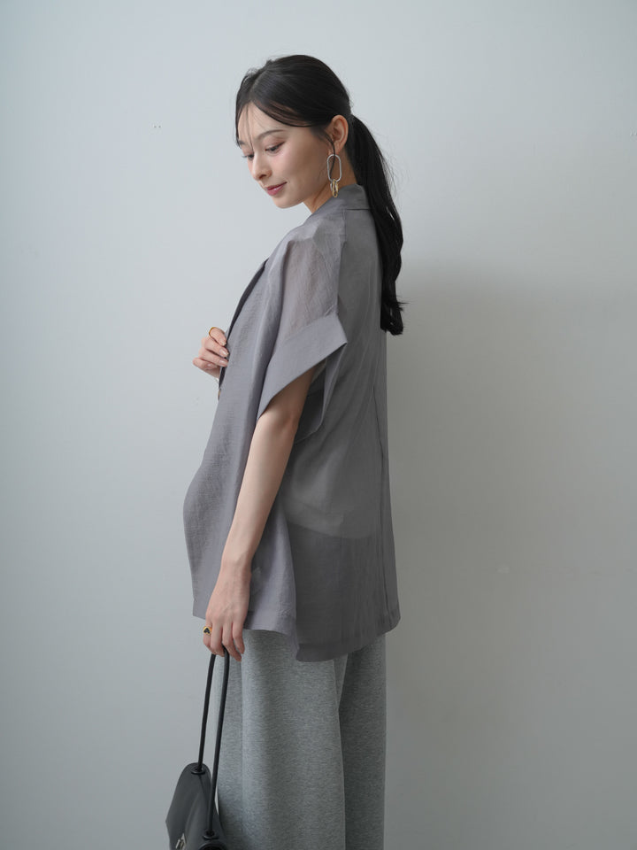 [SET]シアーオーバー半袖ジャケット+ショルダータックノースリーブオーバーTEE+リラックスドレープスウェットパンツ(3set)