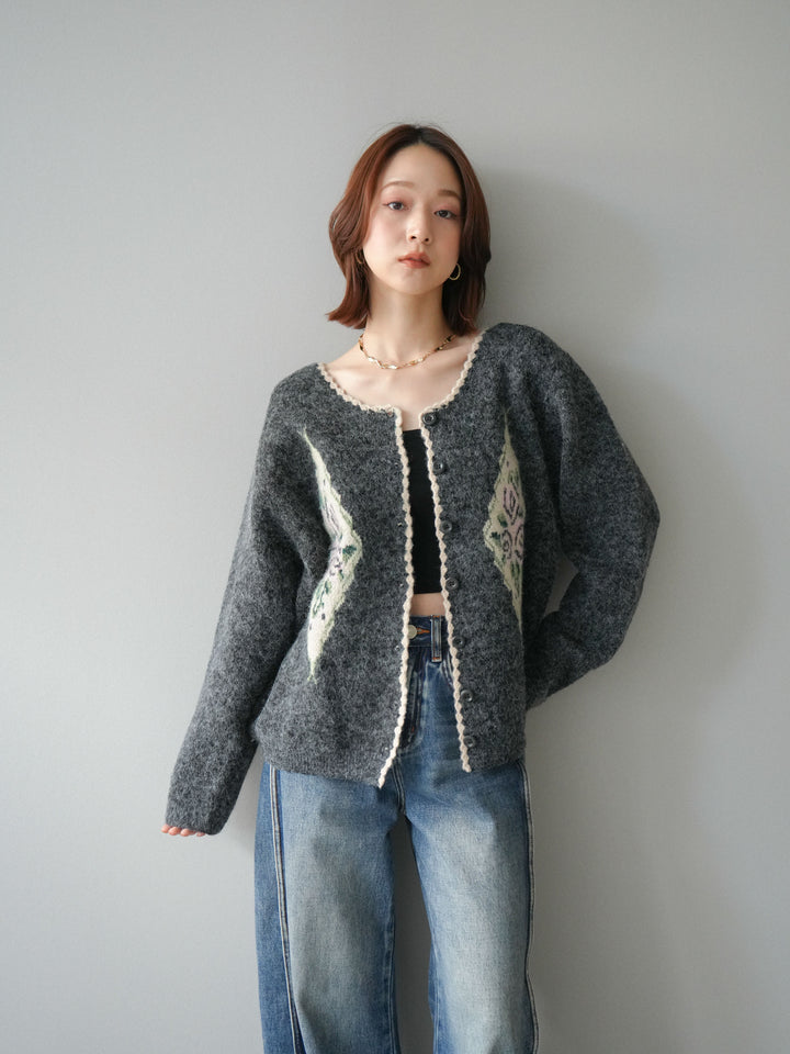 [予約]アンティークフラワージャガードニットカーディガン/charcoal