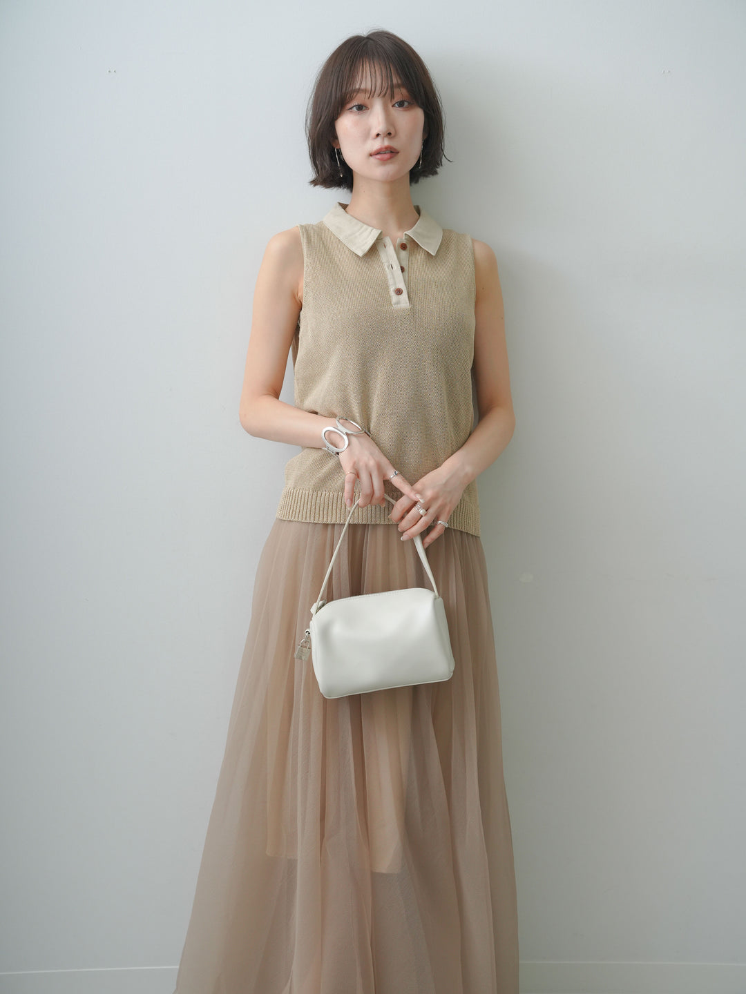 [予約]ポロカラーシアーノースリニットトップス/beige