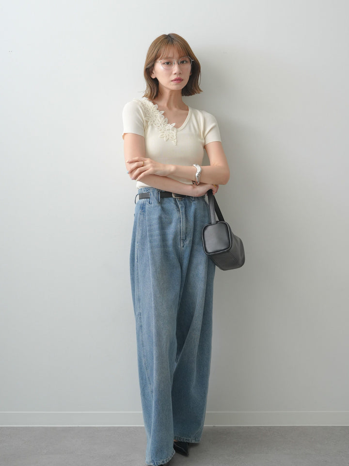 [SET]アシメフラワーレースVネック半袖ニットトップス+ハイウエストベルトループデザインデニムパンツ(2set)