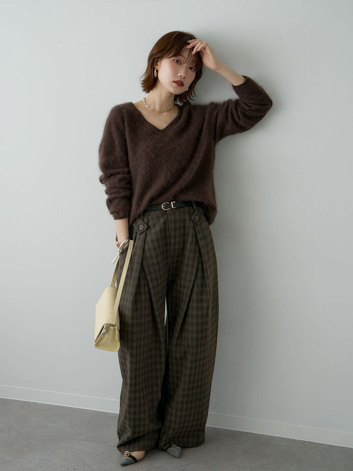 [SET]カシミア混フェザータッチVネックニットトップス+チェックサイドベルトデザインタックパンツ(2set)