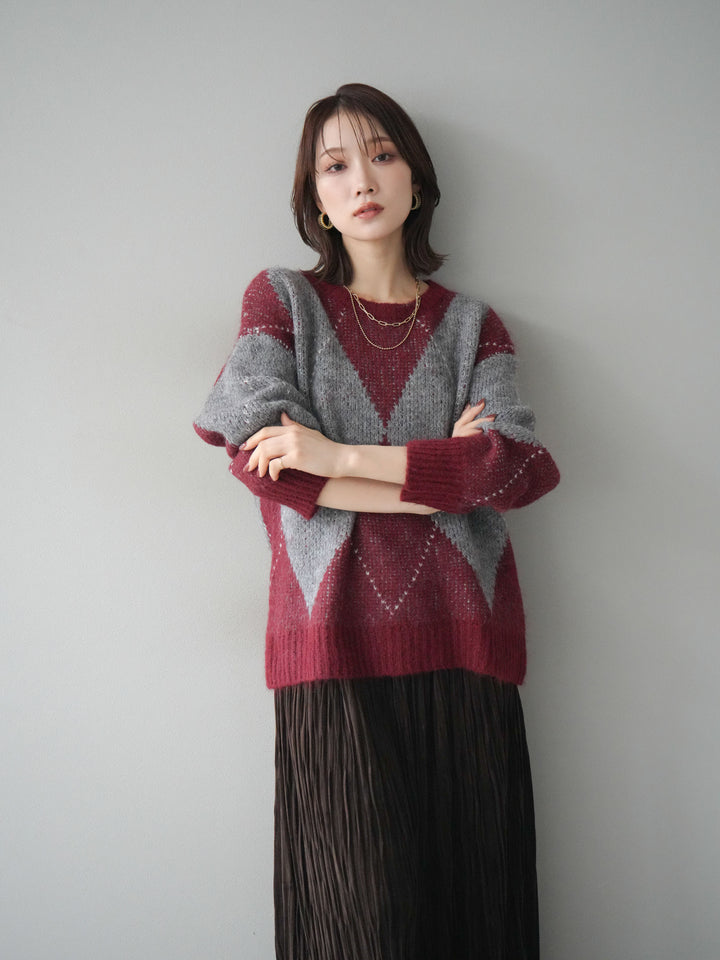 [予約]アーガイルオーバーニットプルオーバー/bordeaux