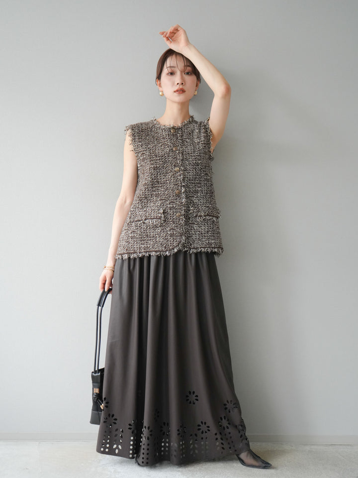 [予約]フラワーパンチングレザースカート/ブラウン