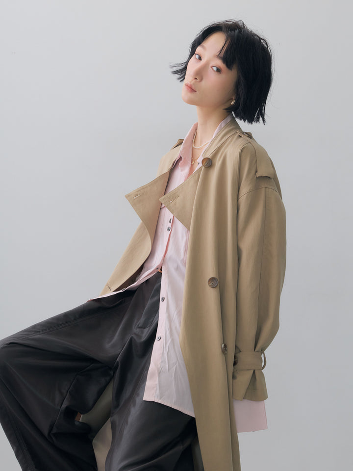 [SET]ミニラペルアシンメトリーロングトレンチ+フェイクレザーワイドパンツ(2set)