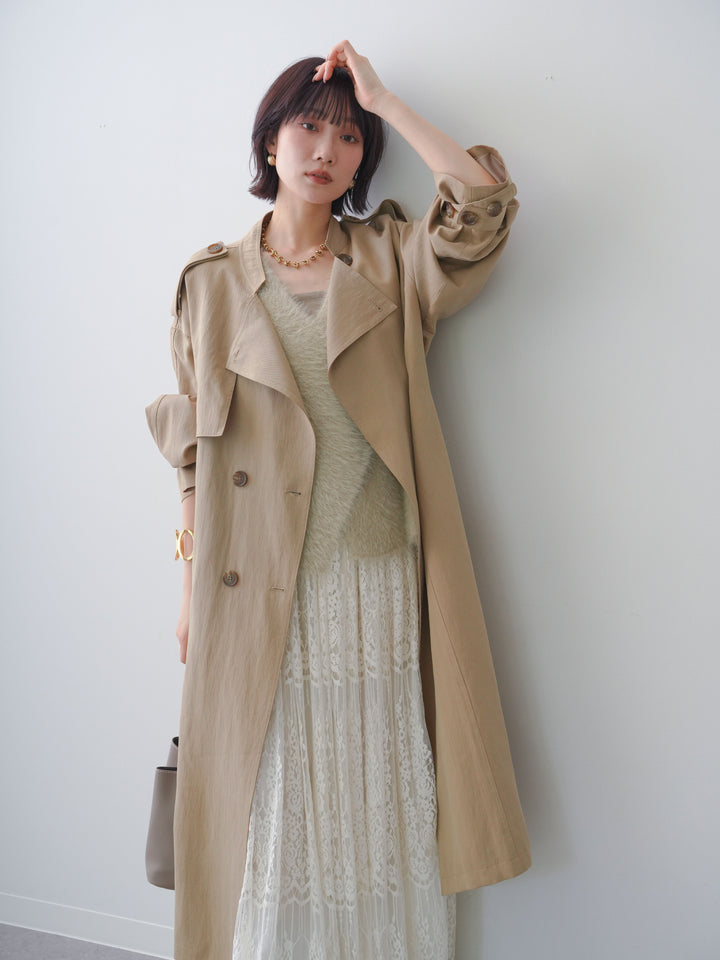 [SET]ミニラペルアシンメトリーロングトレンチ+ゴールドボタンシャギーニットベスト+ベロアレースドレープフレアスカート(3set)