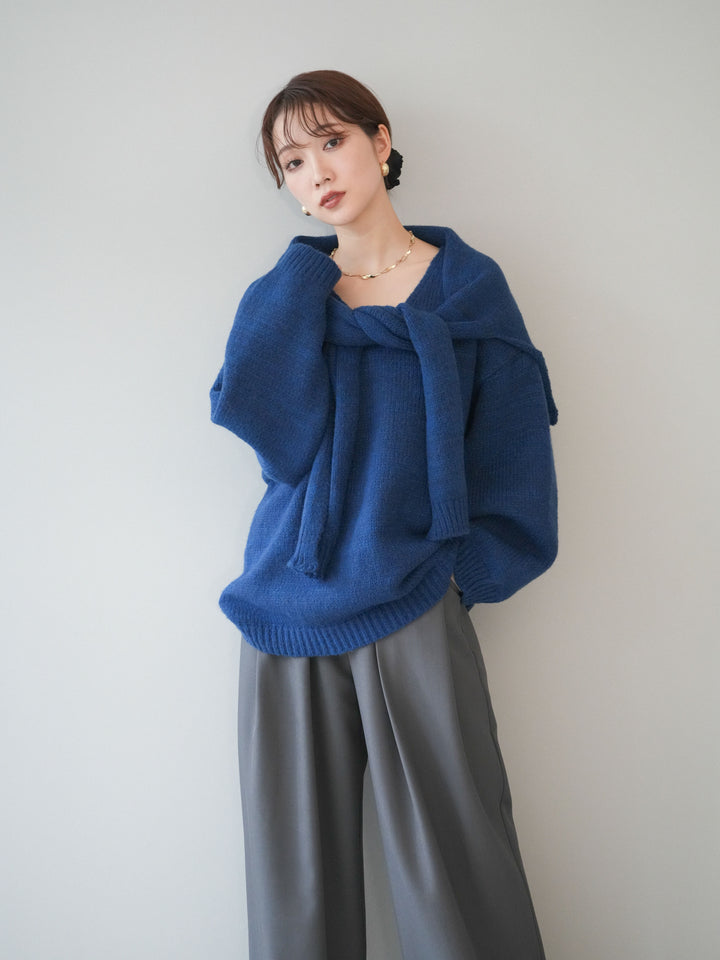 [予約]ストール付きVネックニットプルオーバー/blue