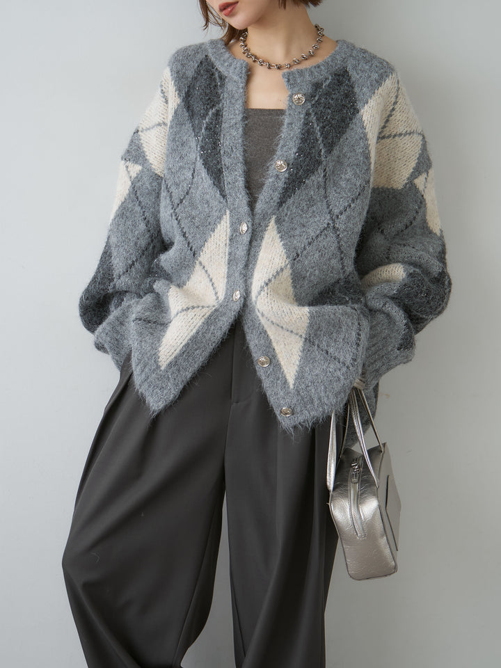 【預購】菱格紋亮片大針織開襟衫 / 灰色