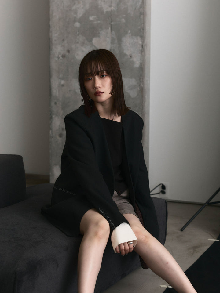 【Allure】[SET]シャツカフスフロントスリットニットプルオーバー+ノーカラーステッチデザインジャケット(2set)