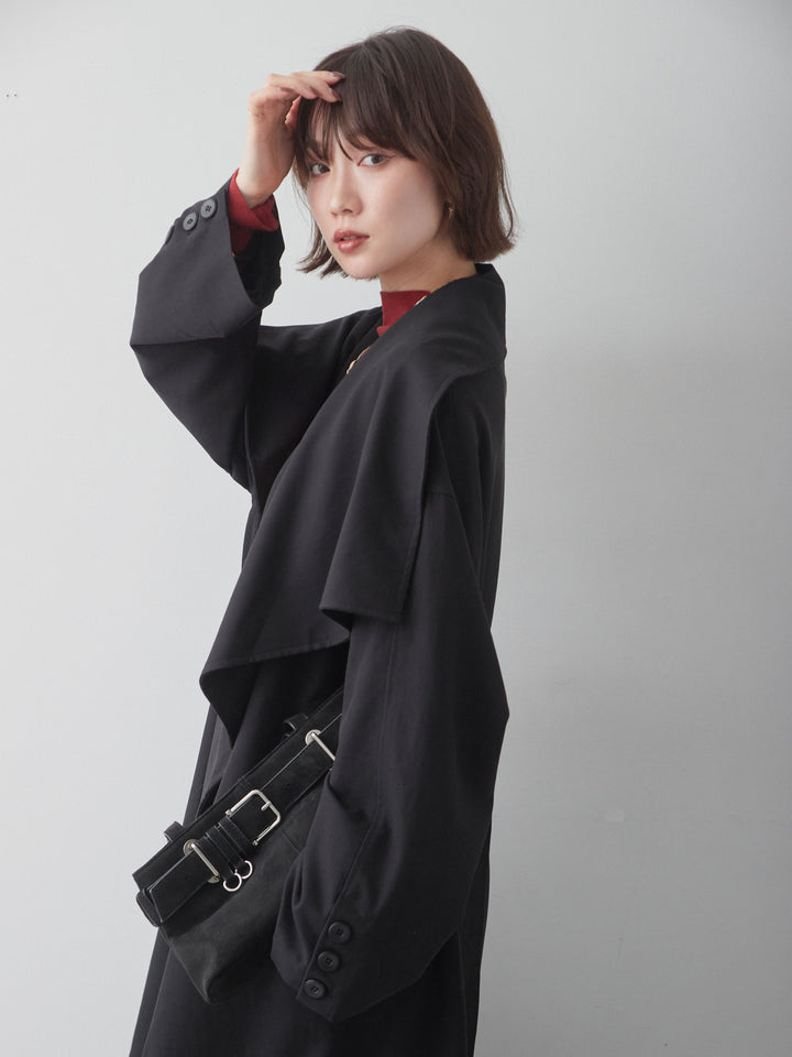[予約]アシメドレープカラーロングコート/black