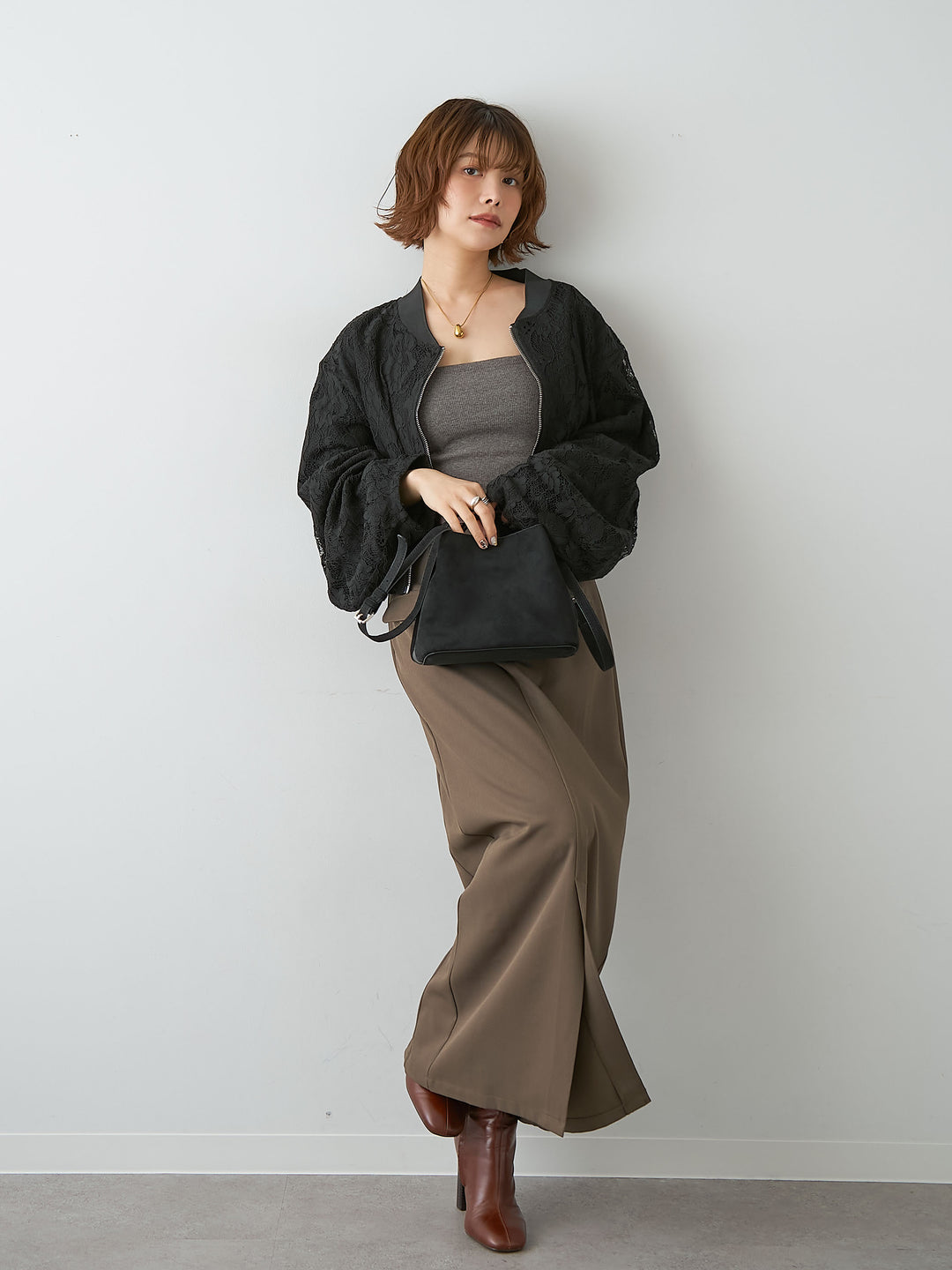 [SET]レースブルゾン+クレープデシンフラップ付きストレートスカート(2set)
