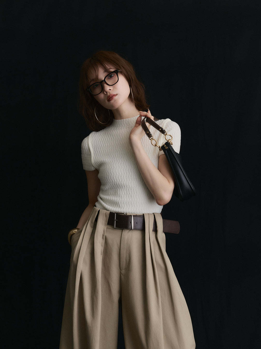 【Allure】[SET]デザインリブハーフニットトップス+ベルト付ダブルループワイドパンツ(2set)