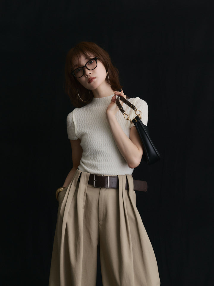 【Allure】[SET]デザインリブハーフニットトップス+ベルト付ダブルループワイドパンツ(2set)