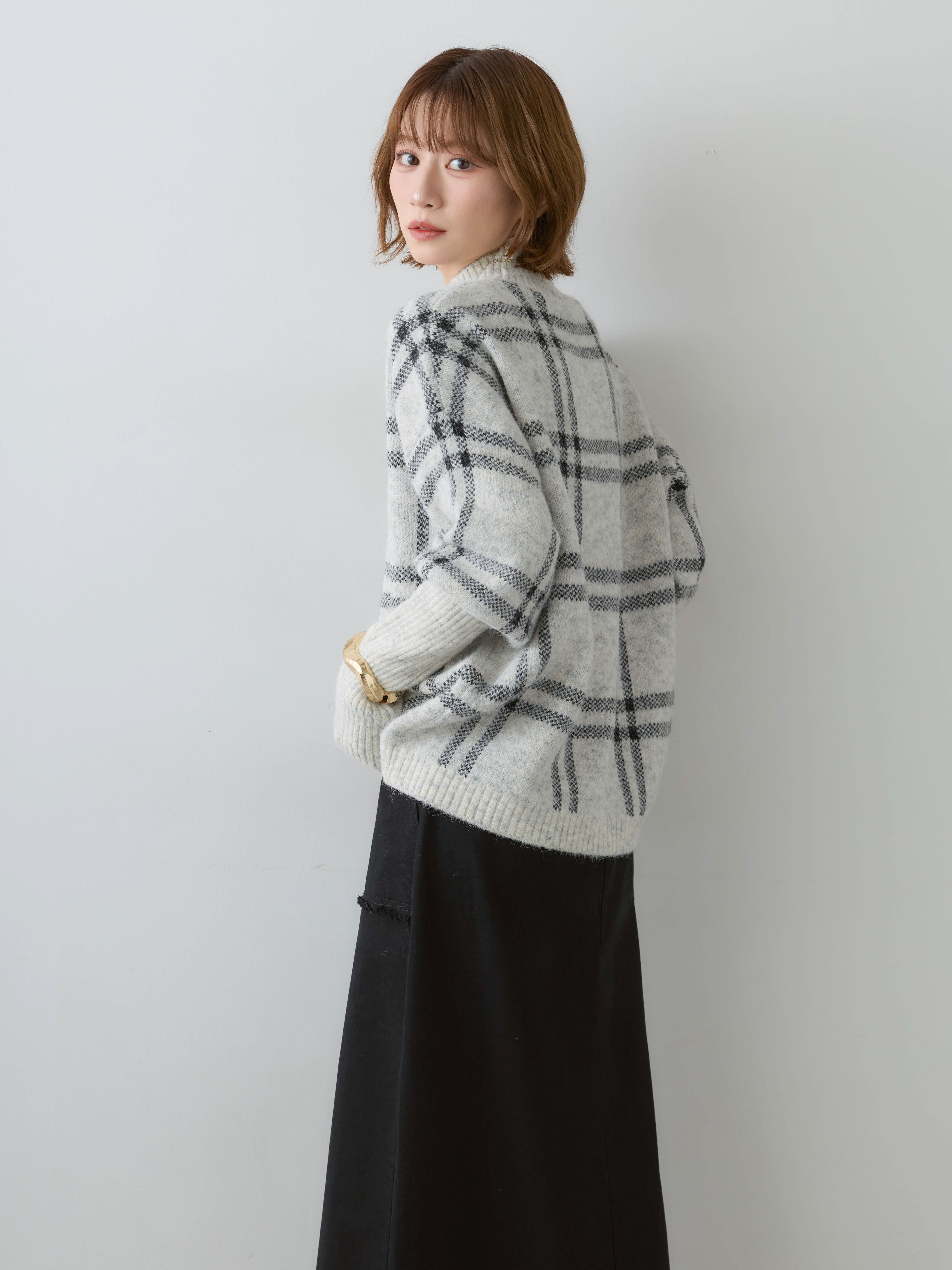 SET]チェック柄プルオーバー+ベルト付フリンジポケットIラインスカート