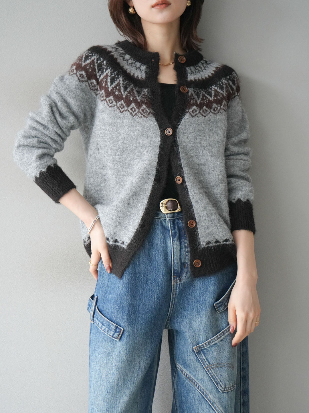 [SET]ノルディック柄ニットカーディガン+ペインターカーブデニムパンツ(2set)