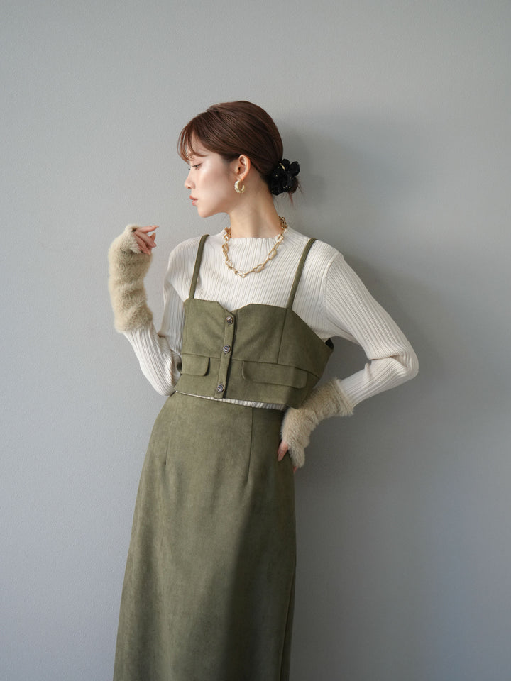 [SET]スウェードビスチェ+アームシャギーランダムリブニットトップス+スウェードIラインスカート(3set)