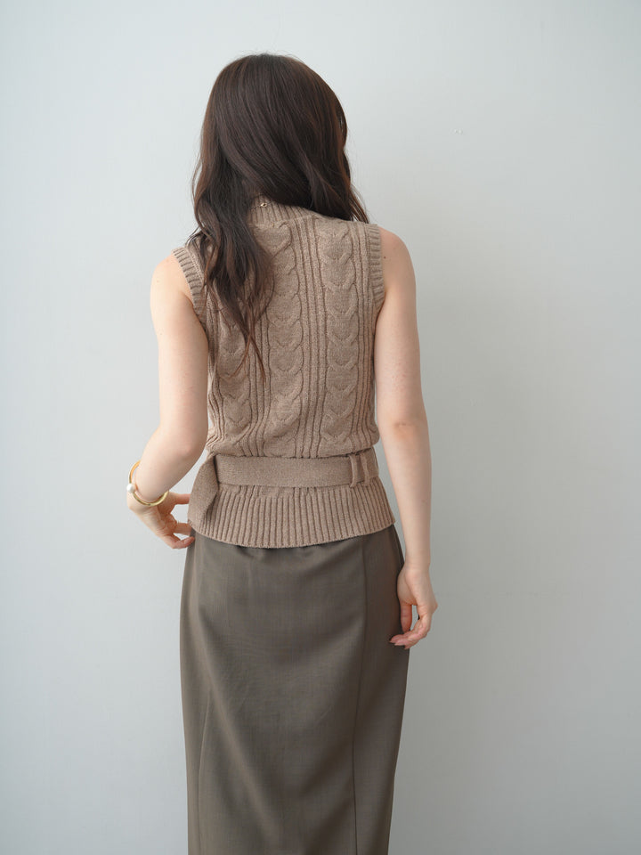 [SET]ベルト付ケーブルノースリニットトップス+クレープデシンフラップ付きストレートスカート(2set)