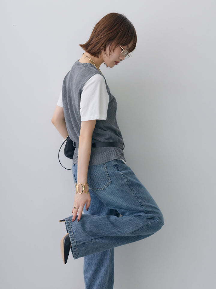 [予約]ベルト付ニットベストレイヤードデザイントップス/gray