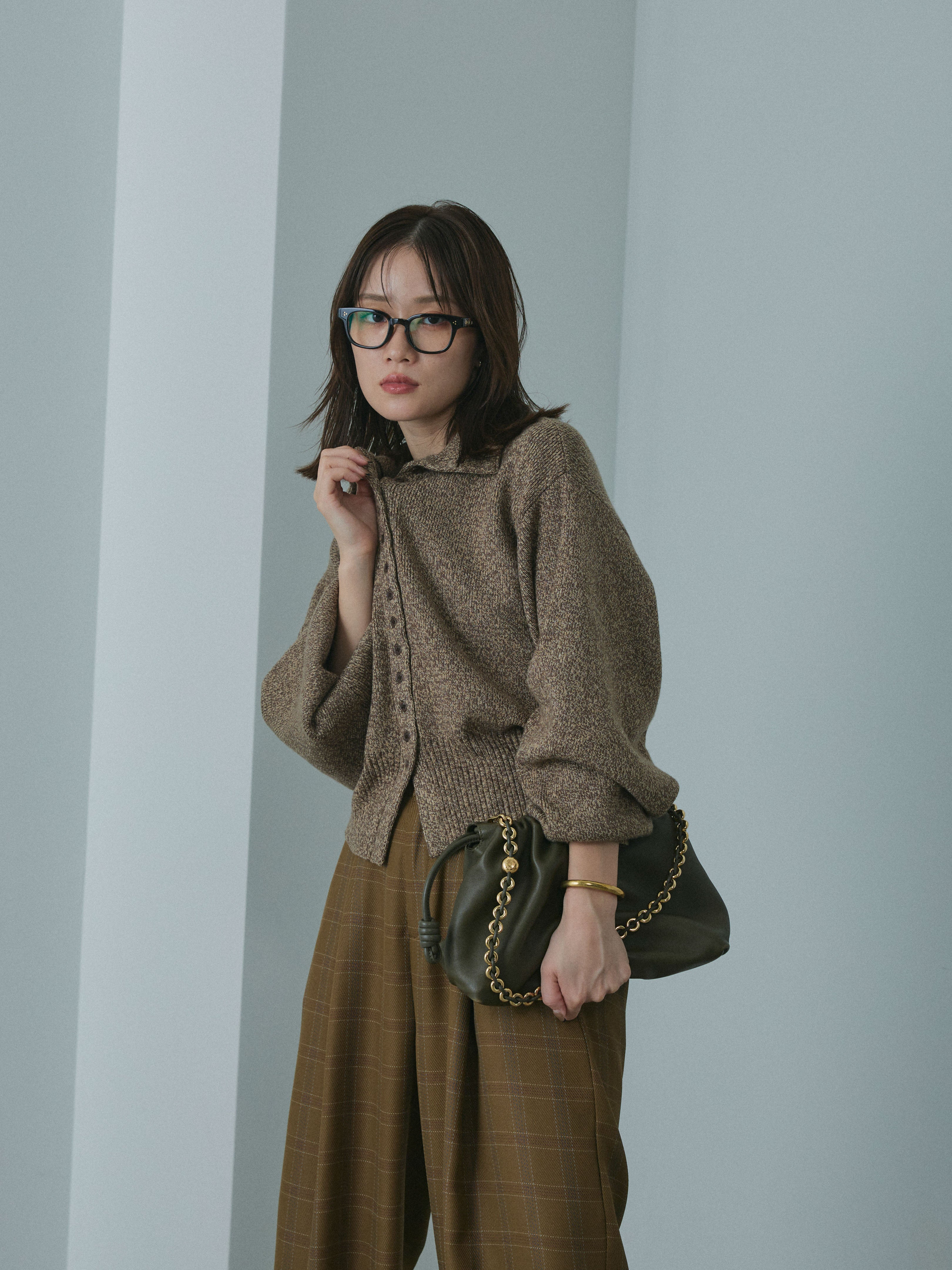 MOMO　　 me プリーツ　ハイネック　カーディガンFINE KNIT Allure】[SET]ミックスハイネックカーディガン+ミックス