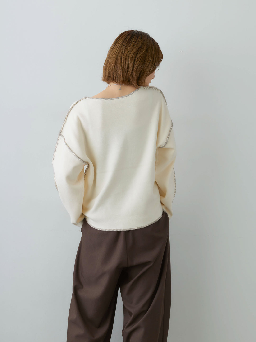 [SET]バイカラーステッチVネックニットトップス+ツイルタックワイドパンツ(2set)