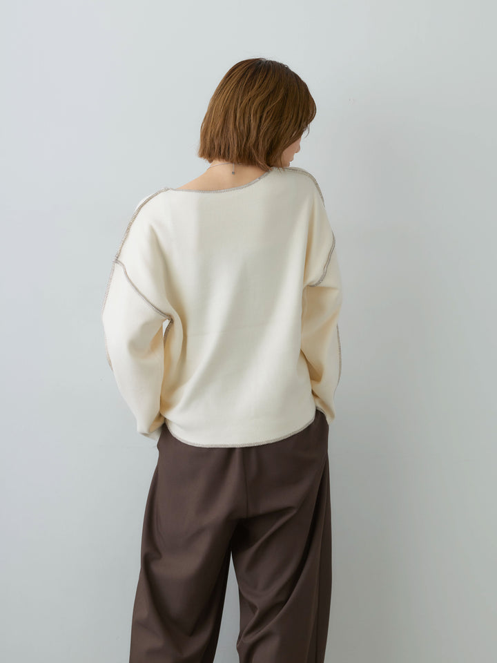 [SET]バイカラーステッチVネックニットトップス+ツイルタックワイドパンツ(2set)