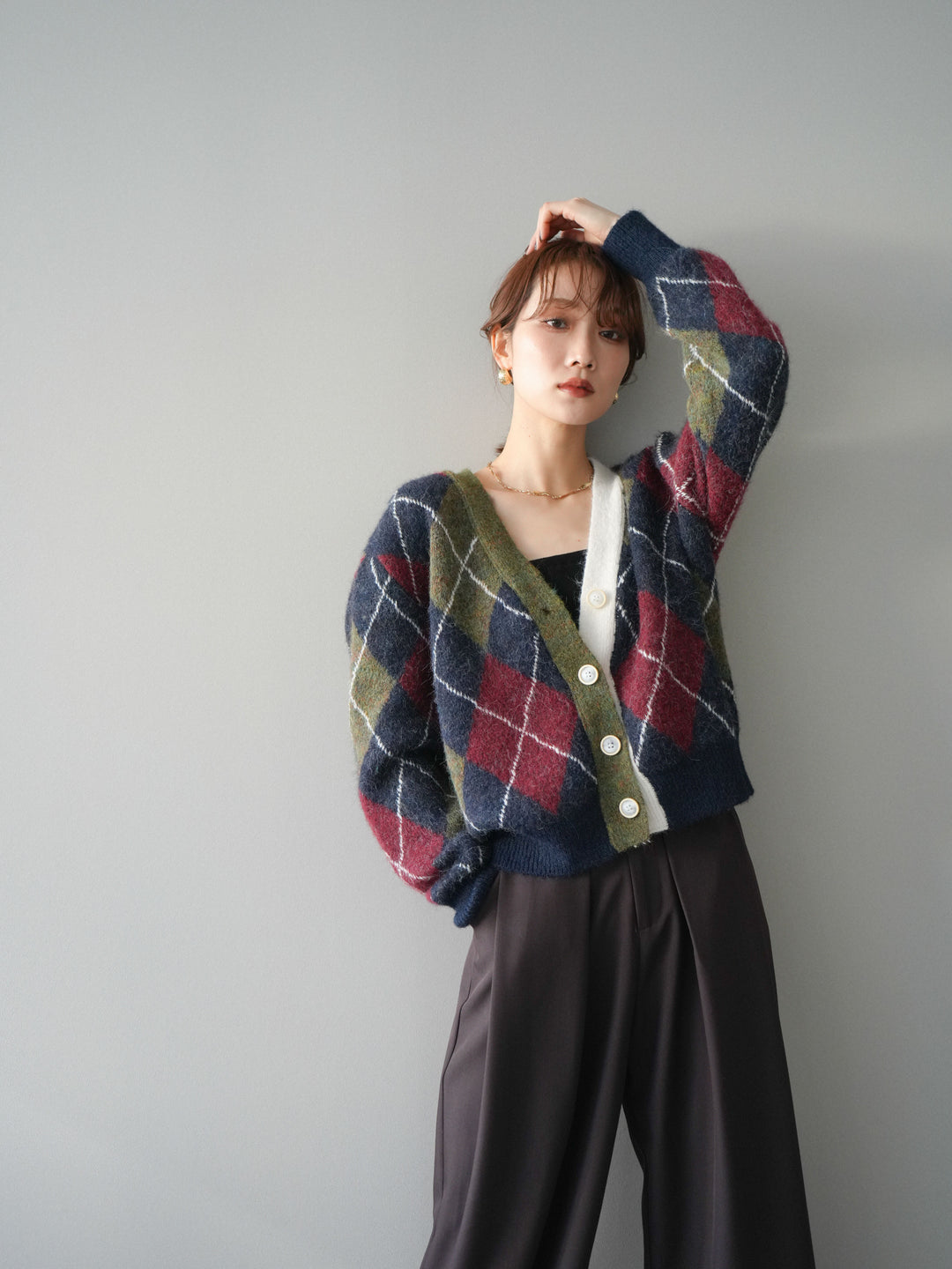 [予約]配色アーガイル柄ニットカーディガン/green